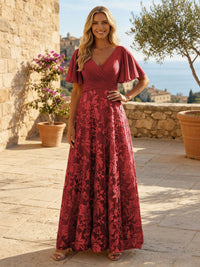 A-Line Lace Appliques Maxi Mother of the Bride & Groom Dresses with Flutter Sleeves Chiffon Bodice