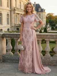 Sheath Floral Sequin Maxi Short Sleeves Mother of the Bride & Groom Dresses with Satin Side Train