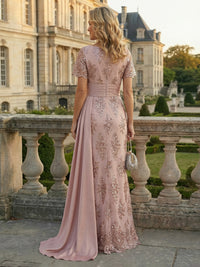 Sheath Floral Sequin Maxi Short Sleeves Mother of the Bride & Groom Dresses with Satin Side Train