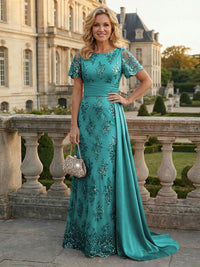 Sheath Floral Sequin Maxi Short Sleeves Mother of the Bride & Groom Dresses with Satin Side Train