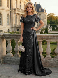 Sheath Floral Sequin Maxi Short Sleeves Mother of the Bride & Groom Dresses with Satin Side Train