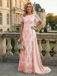 Sheath Floral Sequin Maxi Short Sleeves Mother of the Bride & Groom Dresses with Satin Side Train