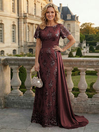 Sheath Floral Sequin Maxi Short Sleeves Mother of the Bride & Groom Dresses with Satin Side Train