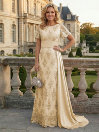 Sheath Floral Sequin Maxi Short Sleeves Mother of the Bride & Groom Dresses with Satin Side Train