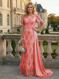 Sheath Floral Sequin Maxi Short Sleeves Mother of the Bride & Groom Dresses with Satin Side Train