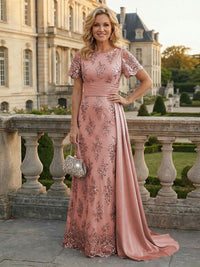 Sheath Floral Sequin Maxi Short Sleeves Mother of the Bride & Groom Dresses with Satin Side Train