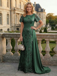 Sheath Floral Sequin Maxi Short Sleeves Mother of the Bride & Groom Dresses with Satin Side Train