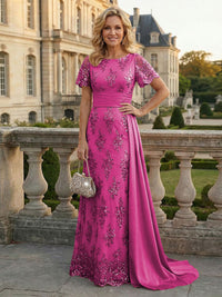 Sheath Floral Sequin Maxi Short Sleeves Mother of the Bride & Groom Dresses with Satin Side Train