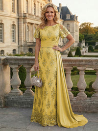 Sheath Floral Sequin Maxi Short Sleeves Mother of the Bride & Groom Dresses with Satin Side Train