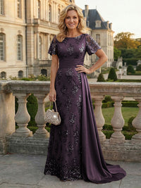 Sheath Floral Sequin Maxi Short Sleeves Mother of the Bride & Groom Dresses with Satin Side Train