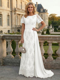 Sheath Floral Sequin Maxi Short Sleeves Mother of the Bride & Groom Dresses with Satin Side Train