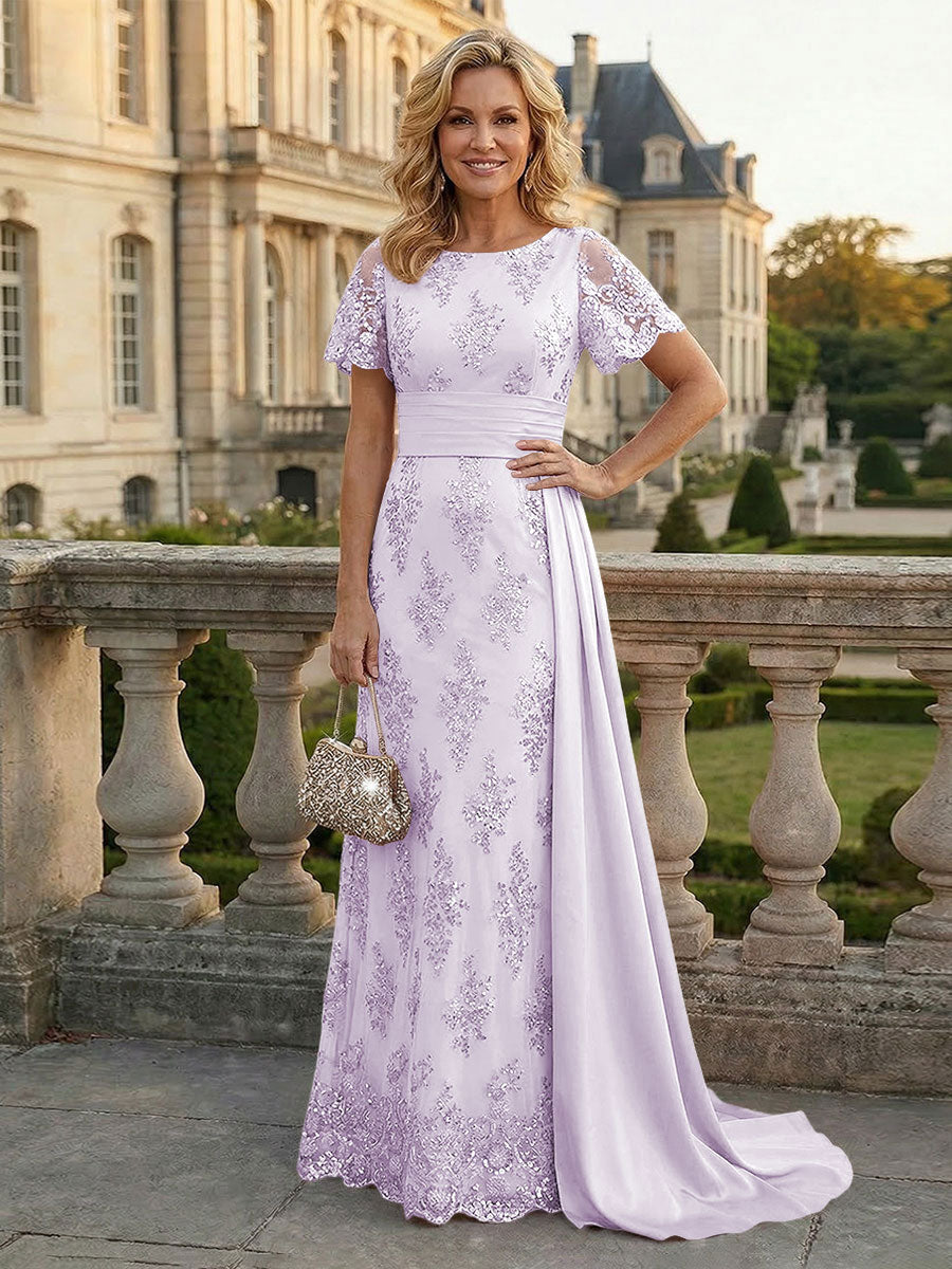 Sheath Floral Sequin Maxi Short Sleeves Mother of the Bride & Groom Dresses with Satin Side Train