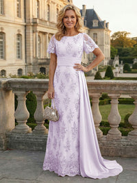 Sheath Floral Sequin Maxi Short Sleeves Mother of the Bride & Groom Dresses with Satin Side Train