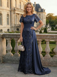 Sheath Floral Sequin Maxi Short Sleeves Mother of the Bride & Groom Dresses with Satin Side Train
