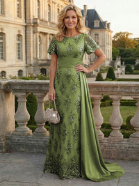 Sheath Floral Sequin Maxi Short Sleeves Mother of the Bride & Groom Dresses with Satin Side Train