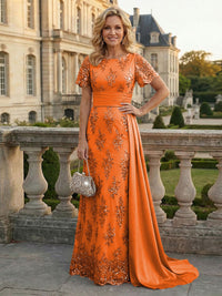 Sheath Floral Sequin Maxi Short Sleeves Mother of the Bride & Groom Dresses with Satin Side Train