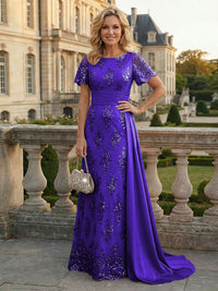 Sheath Floral Sequin Maxi Short Sleeves Mother of the Bride & Groom Dresses with Satin Side Train
