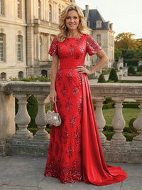 Sheath Floral Sequin Maxi Short Sleeves Mother of the Bride & Groom Dresses with Satin Side Train