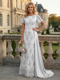 Sheath Floral Sequin Maxi Short Sleeves Mother of the Bride & Groom Dresses with Satin Side Train