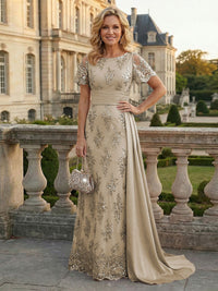 Sheath Floral Sequin Maxi Short Sleeves Mother of the Bride & Groom Dresses with Satin Side Train