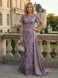 Sheath Floral Sequin Maxi Short Sleeves Mother of the Bride & Groom Dresses with Satin Side Train