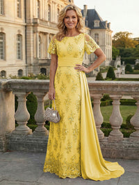 Sheath Floral Sequin Maxi Short Sleeves Mother of the Bride & Groom Dresses with Satin Side Train
