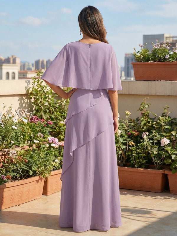Sheath Lightweight Chiffon Cape Sleeves Maxi Mother of the Bride & Groom Dresses