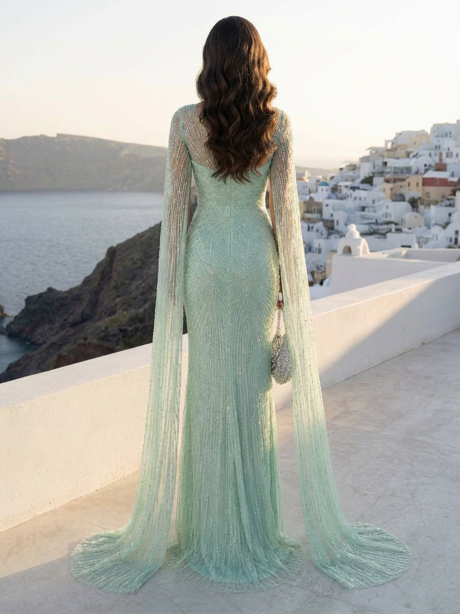 Mint Green Mother of the Bride Dresses 2026 for Women Beaded Sequin Mermaid Floor Length Formal Evening Gowns Cape Elegant