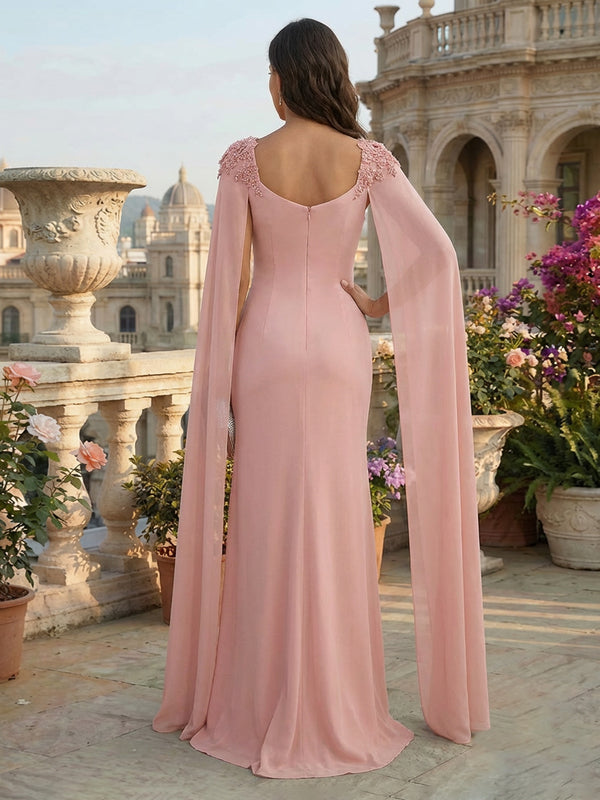 Sheath Chiffon Maxi Mother of the Bride & Groom Dresses with Draped Cape Sleeves