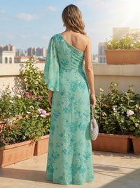 Sheath One Shoulder Chiffon Floral Print Maxi Mother of the Bride & Groom Dresses with Rhinestone Waist