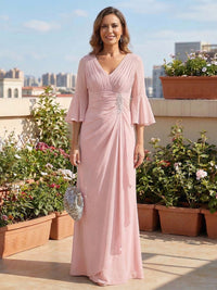 Sheath Chiffon 3/4 Flared Sleeves Maxi Mother of the Bride & Groom Dresses with Ruffles
