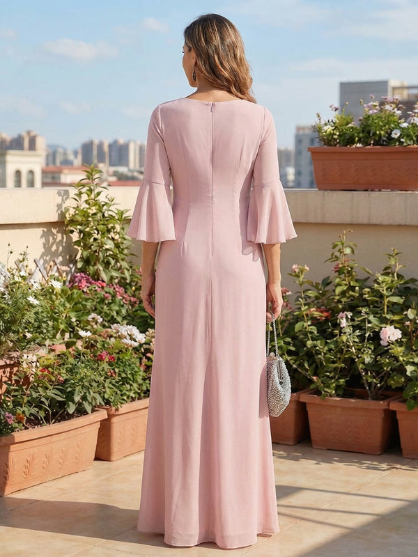 Sheath Chiffon 3/4 Flared Sleeves Maxi Mother of the Bride & Groom Dresses with Ruffles