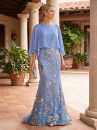 Mermaid Tulle Beaded Floral Embroidery Floor-Length Mother of the Bride & Groom Dresses with Chiffon Cape Sleeves