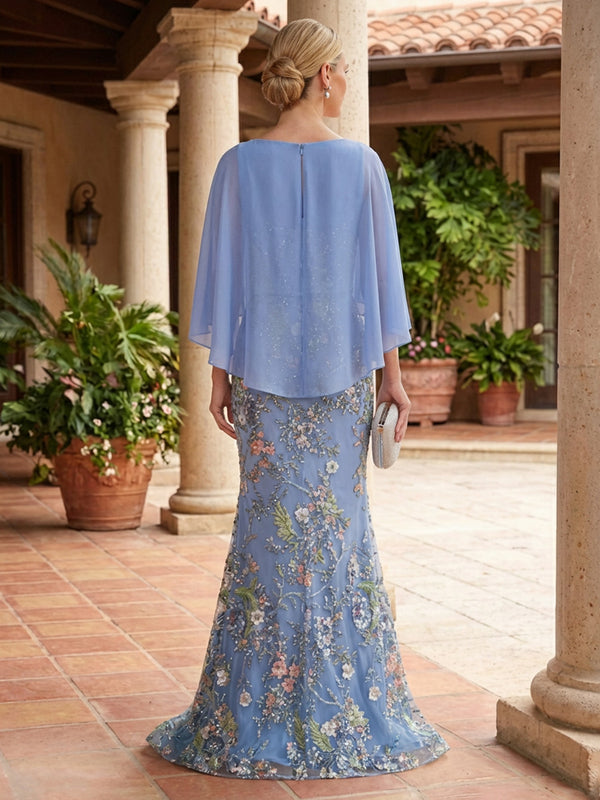Mermaid Tulle Beaded Floral Embroidery Floor-Length Mother of the Bride & Groom Dresses with Chiffon Cape Sleeves