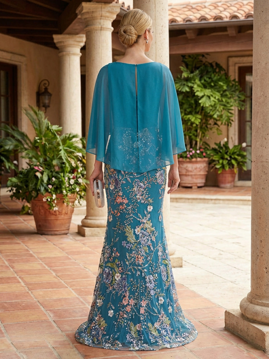 Mermaid Tulle Beaded Floral Embroidery Floor-Length Mother of the Bride & Groom Dresses with Chiffon Cape Sleeves