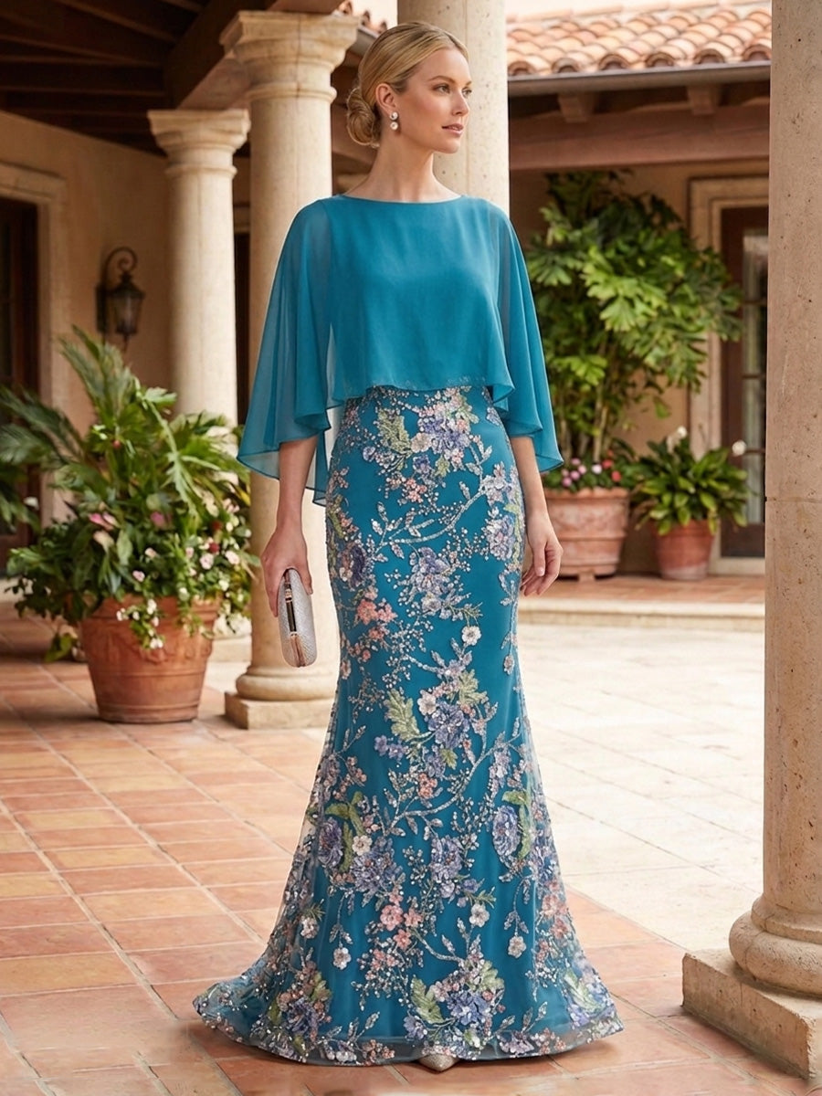 Mermaid Tulle Beaded Floral Embroidery Floor-Length Mother of the Bride & Groom Dresses with Chiffon Cape Sleeves