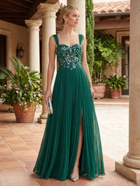 Pleated Chiffon Spaghetti Straps Maxi Mother of the Bride & Groom Dresses with Sequin Rhinestones Bodice & Slit