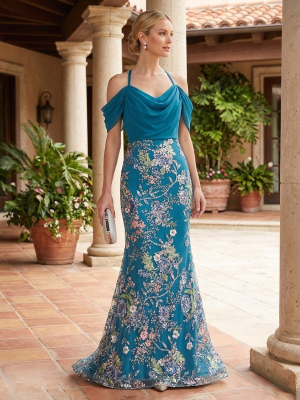 Mermaid Beaded Floral Embroidery Off Shoulder Mother of the Bride & Groom Dresses with Chiffon Draped Neck