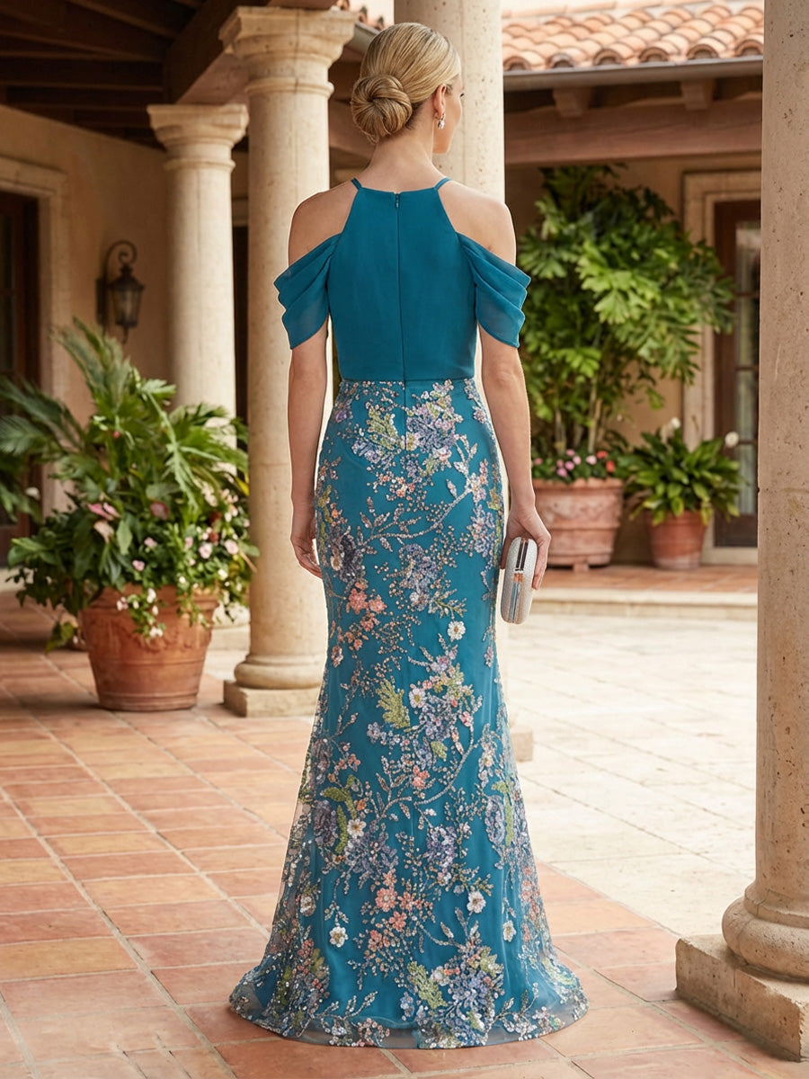 Mermaid Beaded Floral Embroidery Off Shoulder Mother of the Bride & Groom Dresses with Chiffon Draped Neck