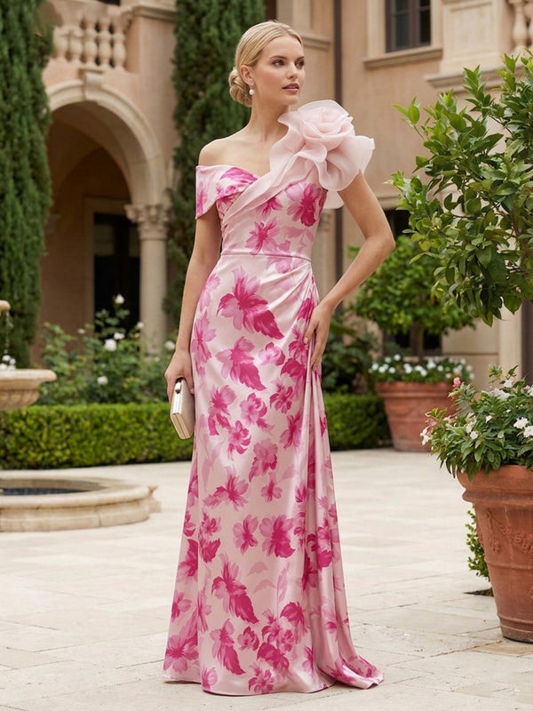 Sheath Satin Floral Print Floor-Length Mother of the Bride & Groom Dresses with Shoulder Floral