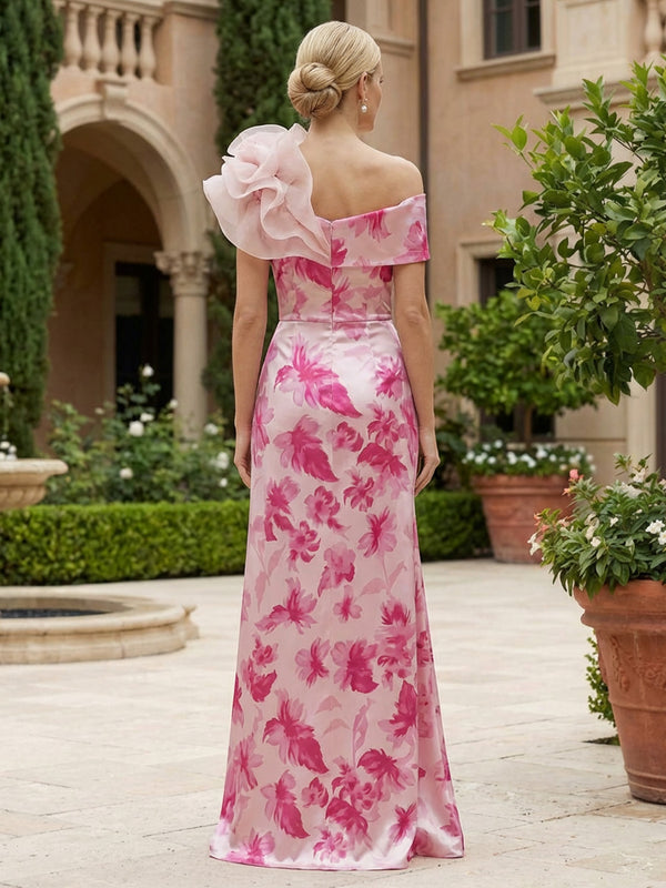 Sheath Satin Floral Print Floor-Length Mother of the Bride & Groom Dresses with Shoulder Floral