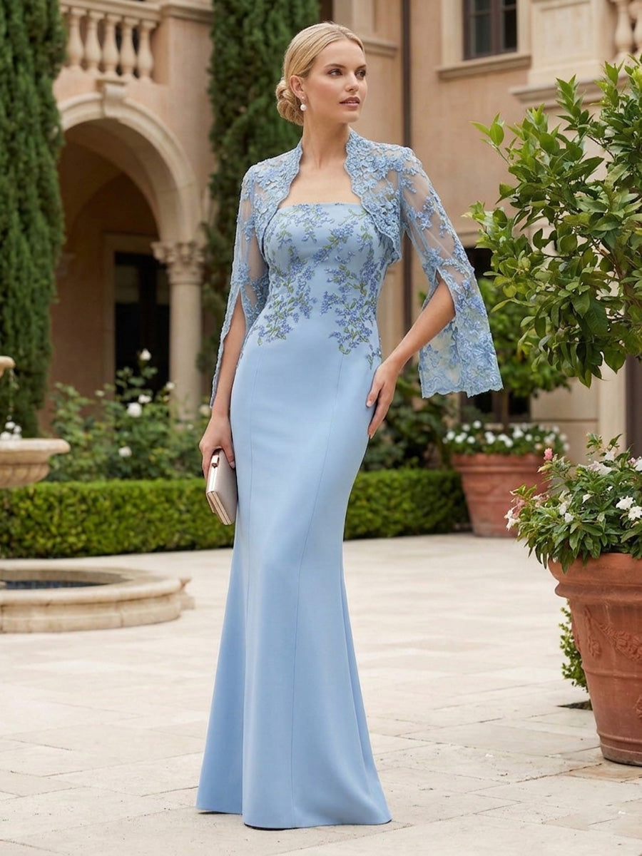 Sheath Satin Strapless Floor-Length Mother of the Bride & Groom Dresses with Lace Bolero