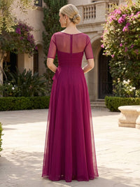 A-Line Pleated Chiffon Short Sleeves Floor-Length Mother of the Bride & Groom Dresses with Slit
