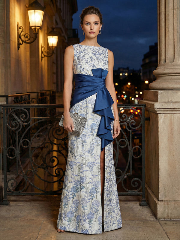 Sheath Floral Jacquard Floor-Length Mother of the Bride Dresses with Slit & Ruched Waist