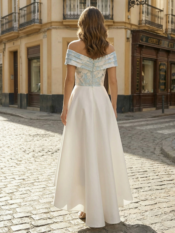 A-Line Satin High-Low Hem Off Shoulder Mother of the Bride Dresses with Jacquard Bodice