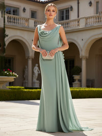 Chiffon Sheath Cowl Neck Maxi Mother of the Bride & Groom Dresses with Sweep Train