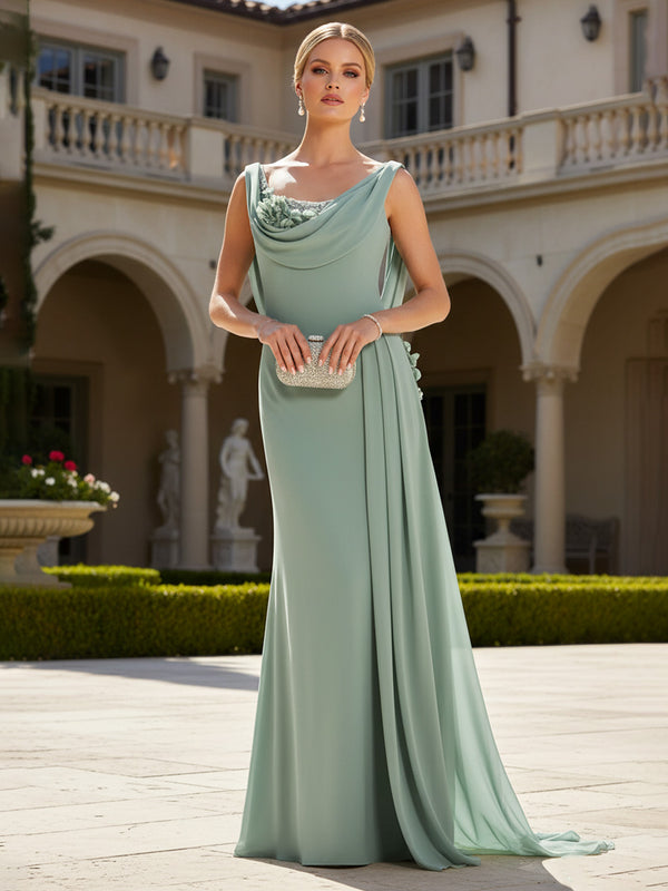 Chiffon Sheath Cowl Neck Maxi Mother of the Bride & Groom Dresses with Sweep Train
