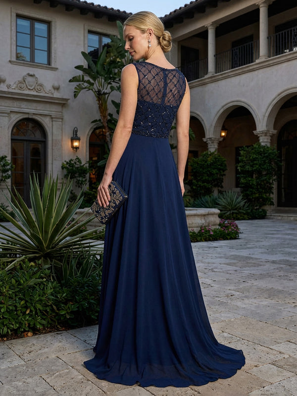 A-Line Pleated Chiffon Mother of the Bride Dresses with Sparkling Beaded Bodice