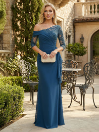 Sheath Chiffon 3/4 Sleeves Maxi Mother of the Bride & Groom Dresses with Ruffles & Lace Embroidery