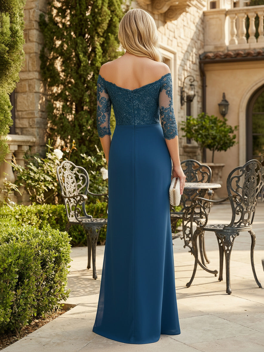 Sheath Chiffon 3/4 Sleeves Maxi Mother of the Bride & Groom Dresses with Ruffles & Lace Embroidery